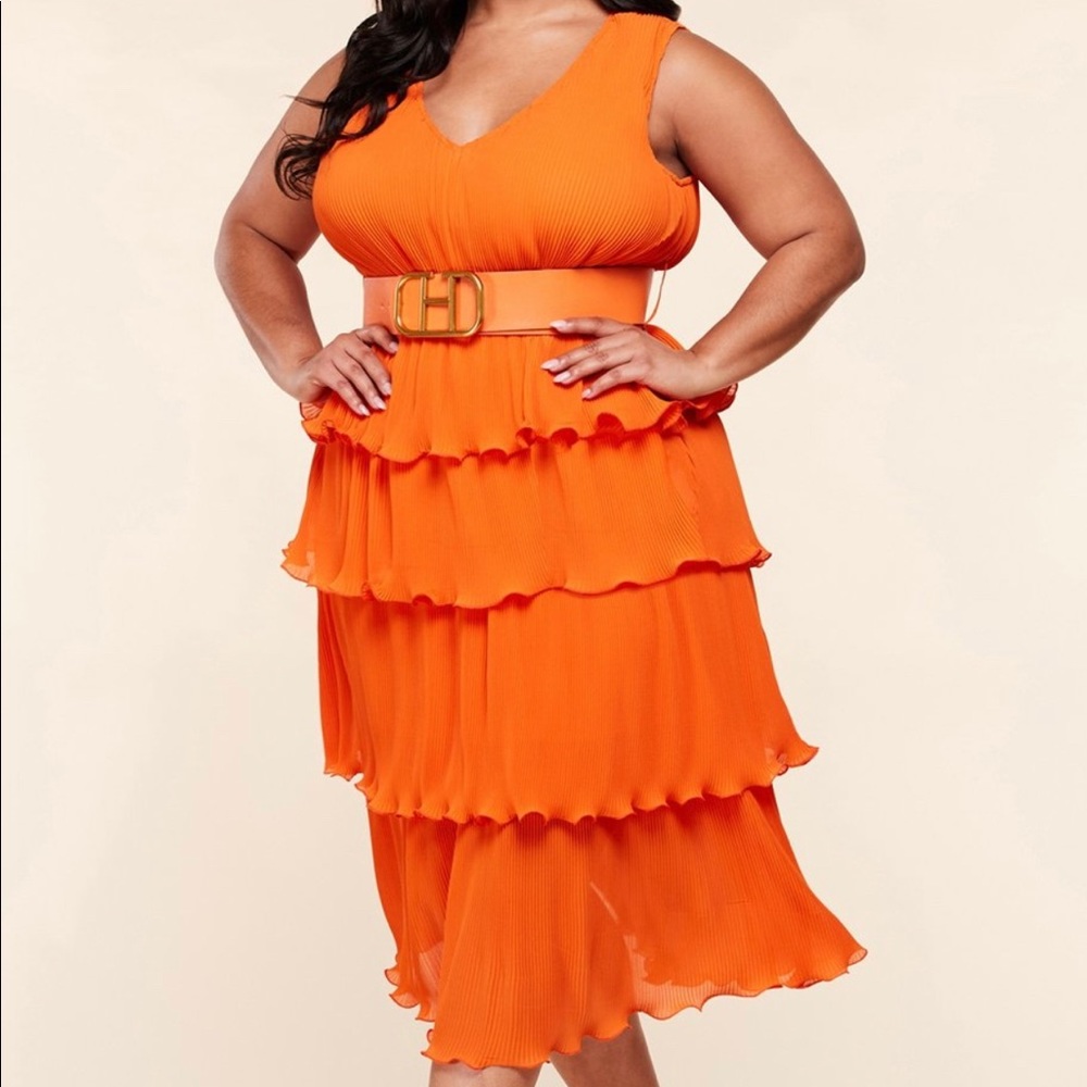 Orange plus size Pleated Summer Dress